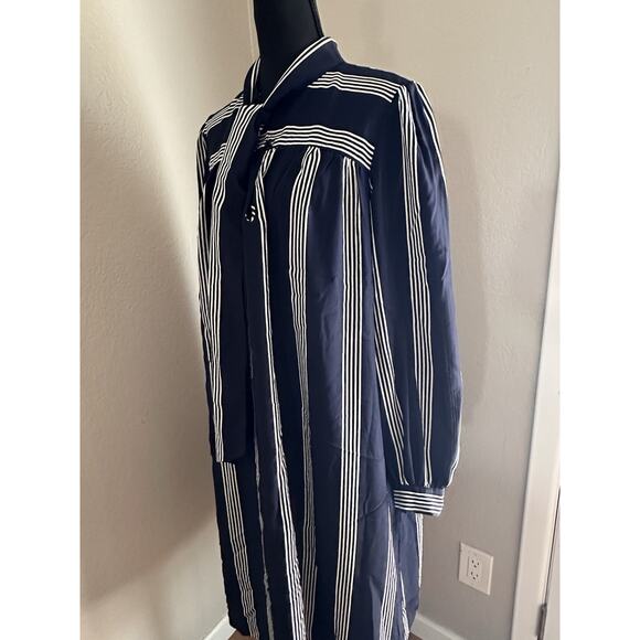 Vtg Chez California Designed By Tandy Navy White Striped Collar Neck Tie Dress - Picture 11 of 13